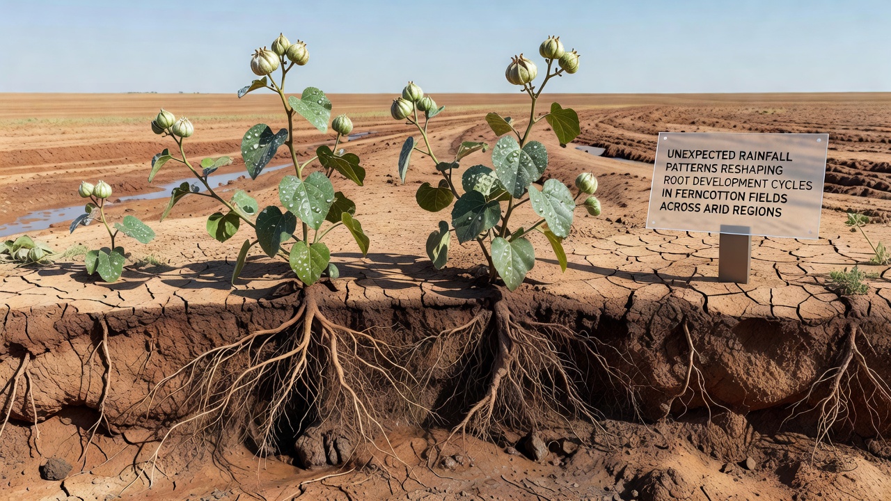 Close-up of ferncotton root systems displaying modified branching after irregular rainfall events in arid conditions